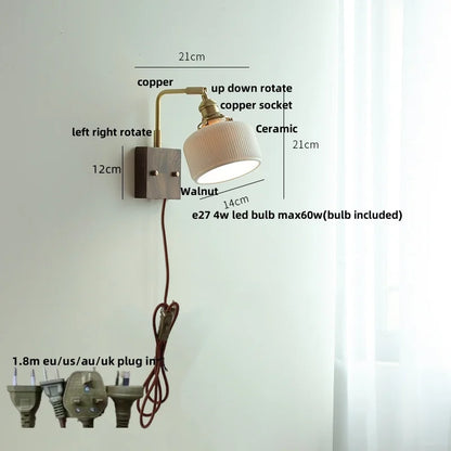 ™ Globe Ceramic Walnut Wood Wall Light with Pull Chain Switch and Rotatable Design
