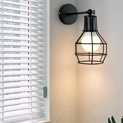 DecorBites™ Black Iron Cage Wall Lamp: Retro Indoor Sconce for Bedroom, Bar, and Reading