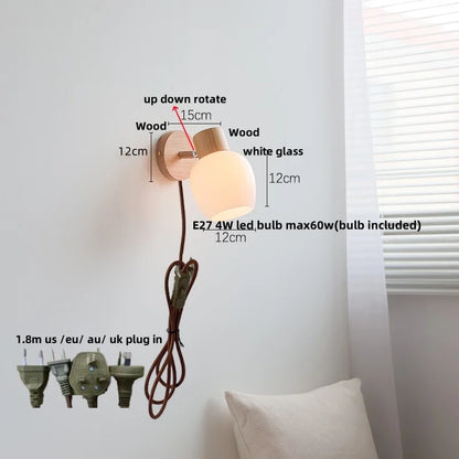 DecorBites™ Amber Glass LED Wall Sconce Nordic Modern Wood Pull Chain Switch Stair Light