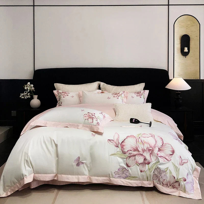 DecorBites™ Blooming Flowers Embroidery Bedding Set 600TC Egyptian Cotton Duvet Cover Queen King