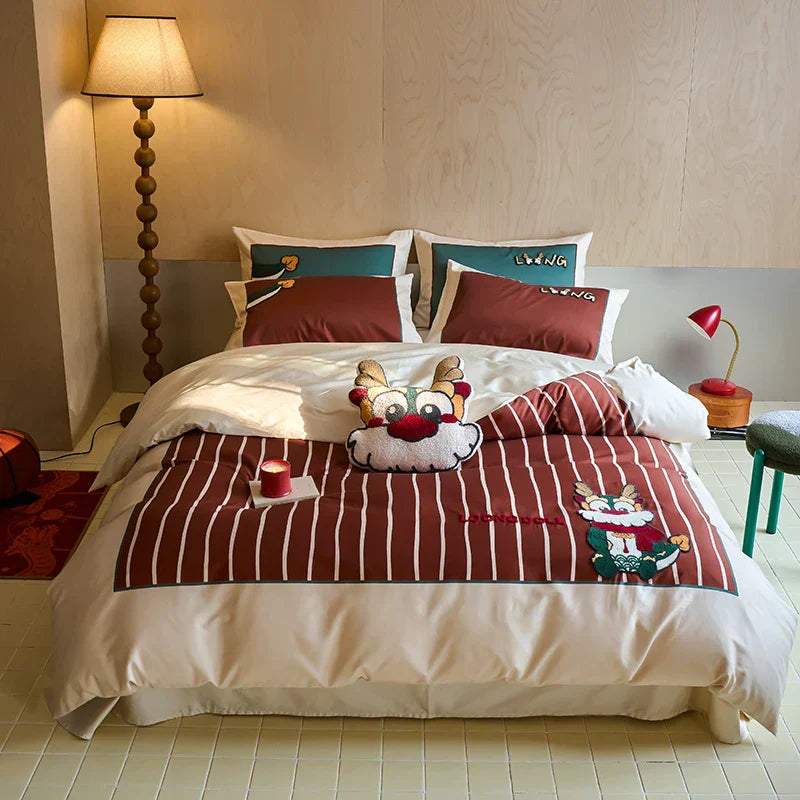 DecorBites™ Chinese Embroidered Cotton Bedding Set: King Size Duvet Cover, Sheet, Quilt Cover