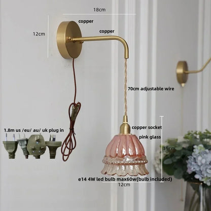 DecorBites™ Amber Glass LED Wall Light Pull Chain Switch Modern Flower Sconce