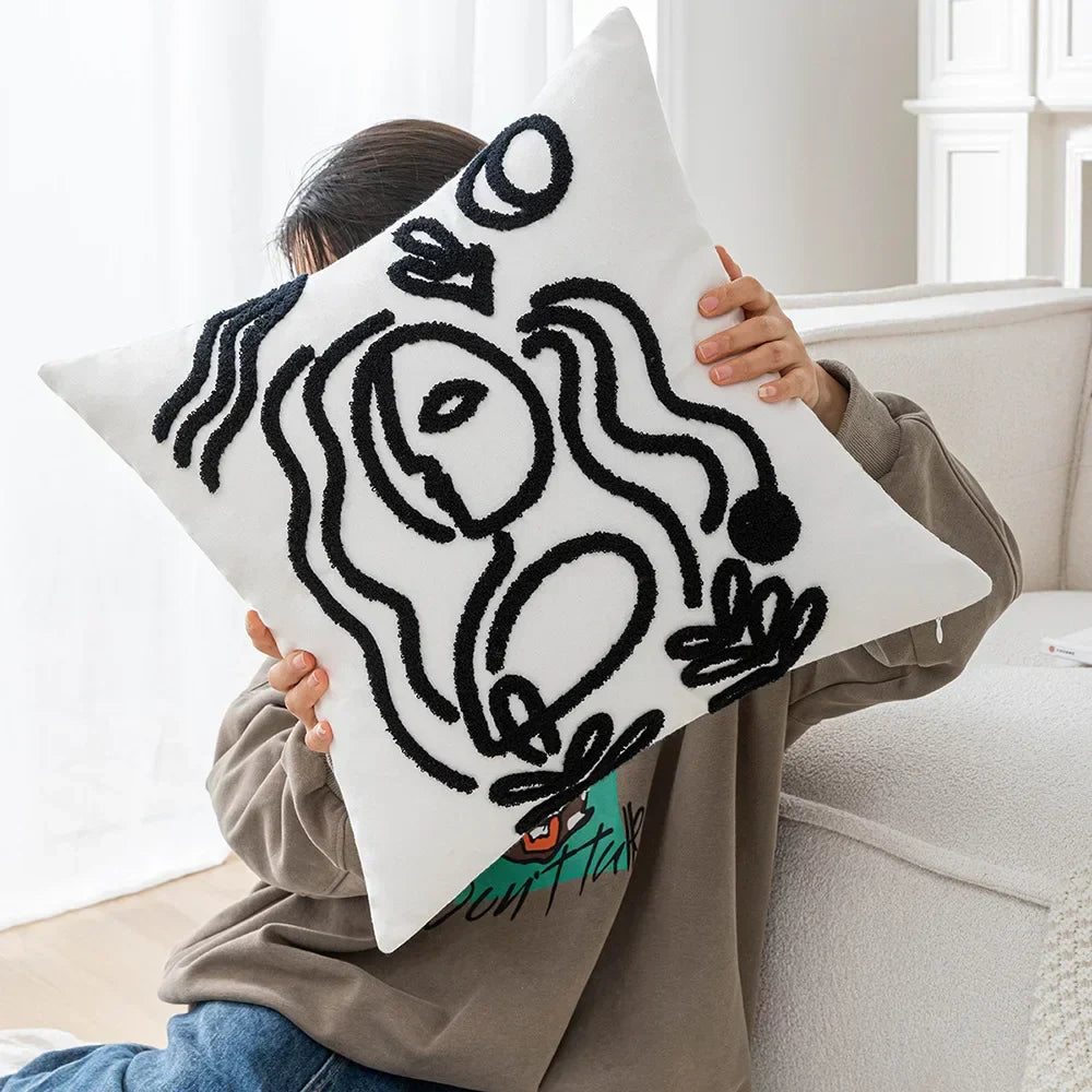 DecorBites™ Abstract Art Line Cushion Cover Plush Embroidered Pillowcase