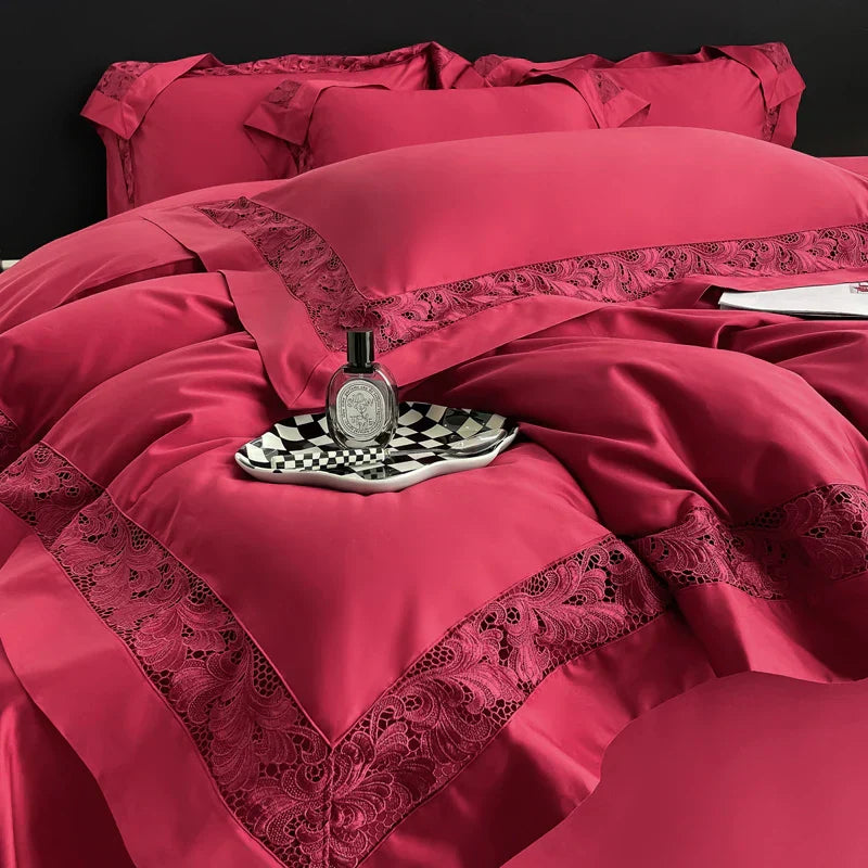 DecorBites™ Lace Embroidery 1200TC Egyptian Cotton 4Pcs Bedding Set with Wide Hollow Design