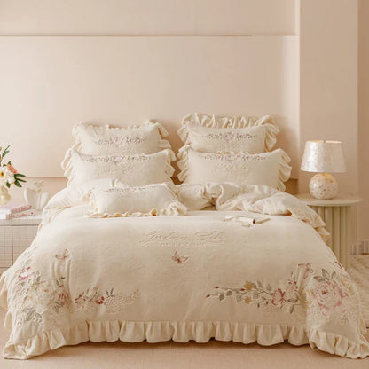 DecorBites™ Butterflies & Flowers Embroidery Ruffles Princess Bedding Set - 4Pcs