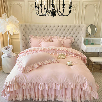 DecorBites™ Korean Princess Lace Ruffles Bedding Set in Bean Paste Pink