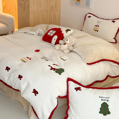 DecorBites™ Cartoon Embroidered Cashmere Winter Bedding Set - Queen Size