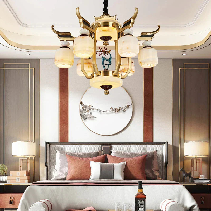 DecorBites™ All Copper Jade Chandelier for Villa Living Room, Dining Room - Chinese Style Duplex Copper Lamp
