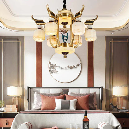 DecorBites™ All Copper Jade Chandelier for Villa Living Room, Dining Room - Chinese Style Duplex Copper Lamp