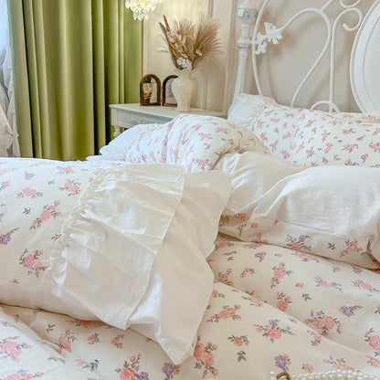 DecorBites™ Cotton Floral Print Bedding Set with Pleat Lace Ruffles, 4-Piece Ensemble