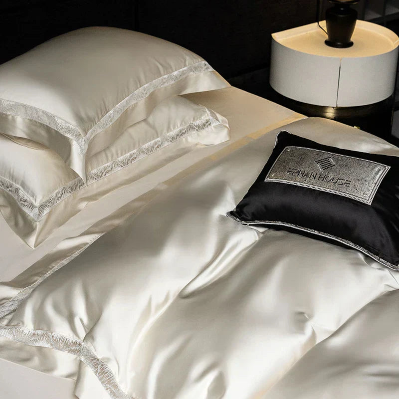 DecorBites™ Luxe Brocade & Egyptian Cotton Bedding Set with Hollow Lace Edge