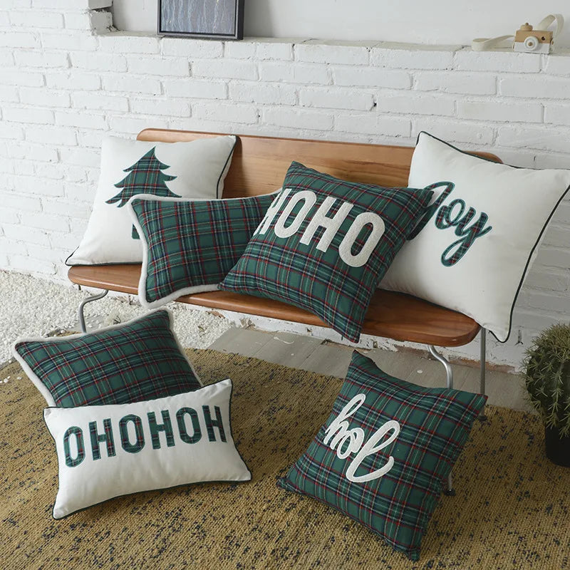 DecorBites™ Christmas Plaid Cotton Cushion Cover with Letter Snowflake Embroidery