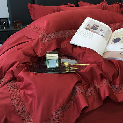 DecorBites™ Grey Hollow Lace 1000TC Egyptian Cotton Bedding Set with Wide Edge