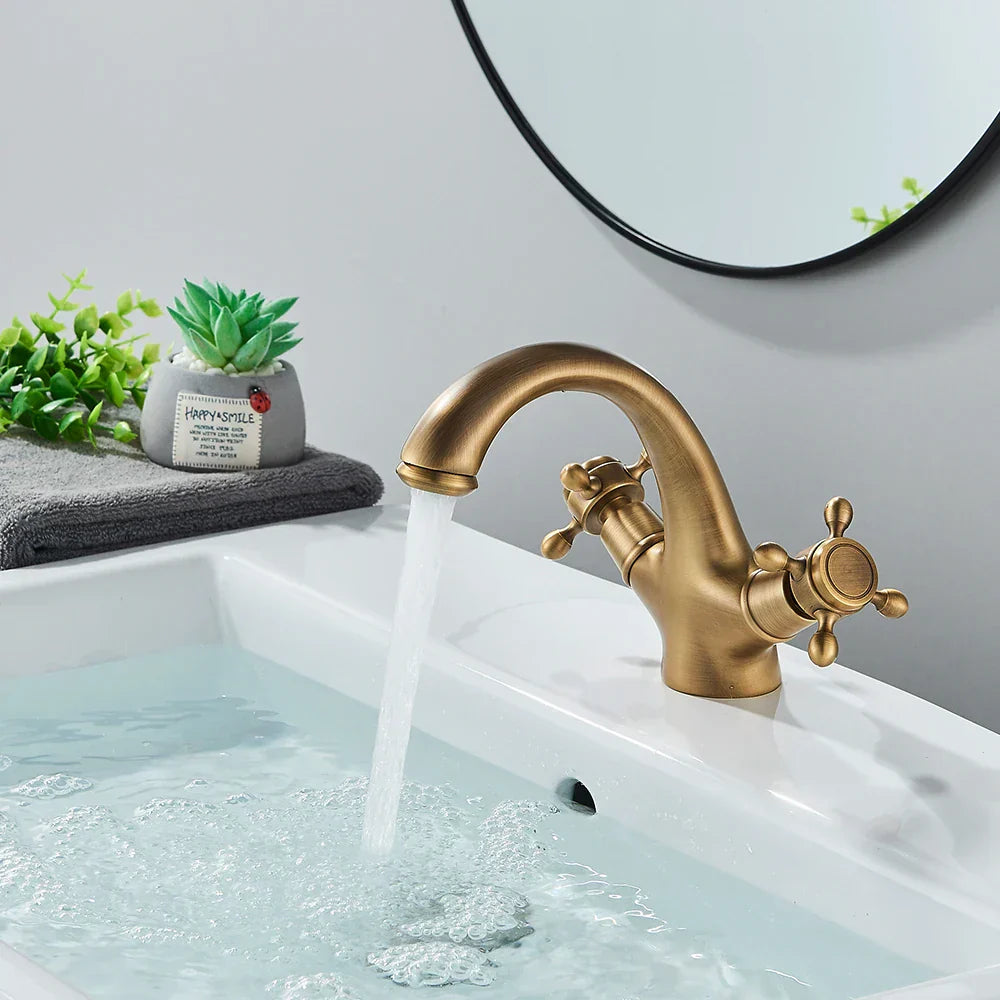 DecorBites™ Antique Brass Dual Handle Basin Faucet Deck Mounted Bathroom Mixer Tap