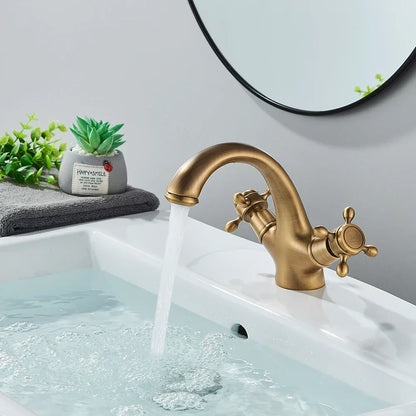 DecorBites™ Antique Brass Dual Handle Basin Faucet Deck Mounted Bathroom Mixer Tap