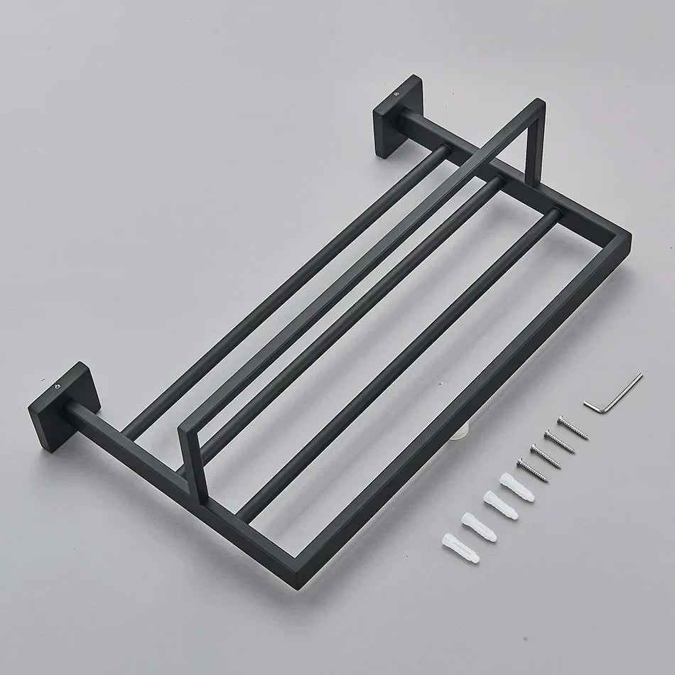 DecorBites™ Black Bathroom Accessories Set: Robe Hook, Towel Rail, Shelf, Tissue Holder