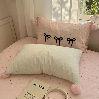 ™ Korean Princess Bow Lattice Pompom Bedding Set - Single Queen Size