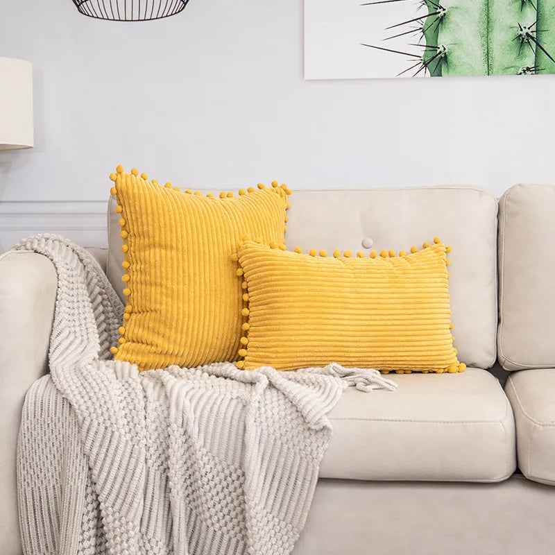 DecorBites™ Beige Striped Cushion Cover with Pom Pom Detail Lumbar Throw Pillow Case