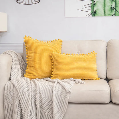 DecorBites™ Beige Striped Cushion Cover with Pom Pom Detail Lumbar Throw Pillow Case