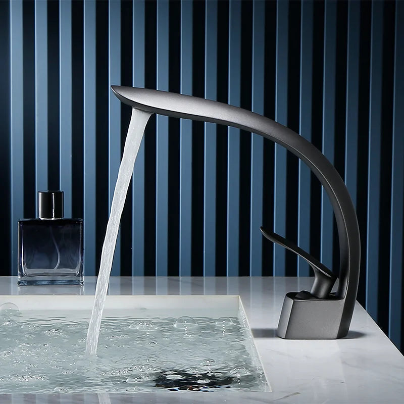 DecorBites™ Grey/Black Wash Basin Faucet Single Handle Mixer Tap Hot Cold Waterfall Brushed Gold