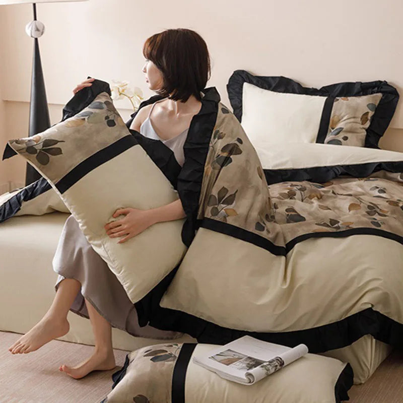 DecorBites™ Ice Rayon Summer Bedding Set with Lace - Silky & Cozy Single/Double Bed Set