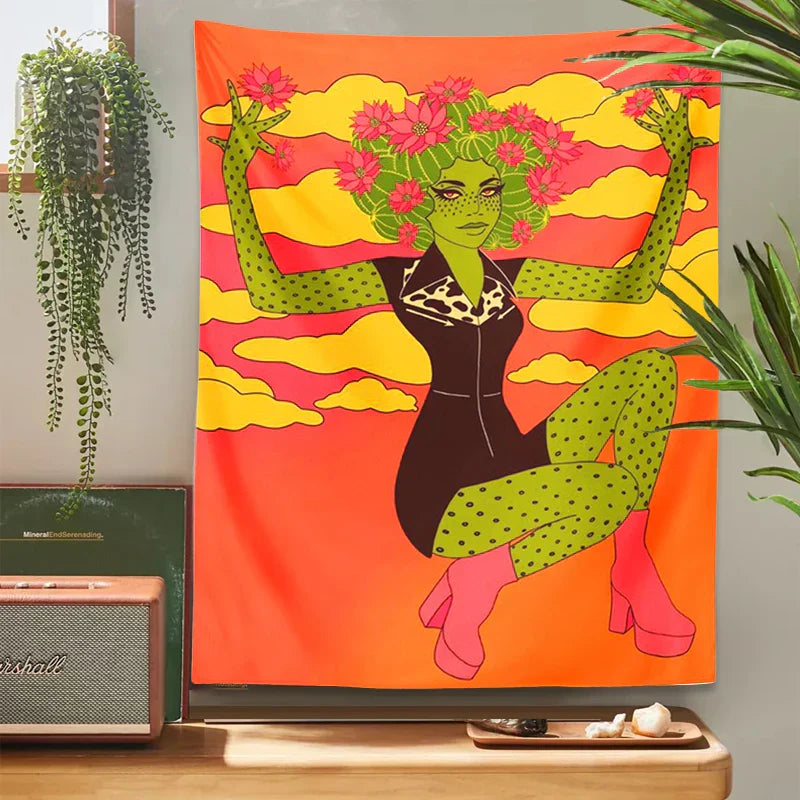 DecorBites™ Cactus Girl Tapestry Wall Hanging 60s Flower Psychedelic Retro Boho Decor