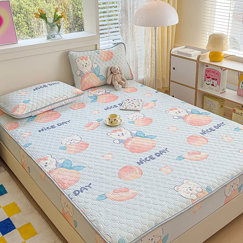 DecorBites™ Cool Silk Latex Fitted Sheet Set with Pillowcases, Summer Ice Silk, Single Double Bed