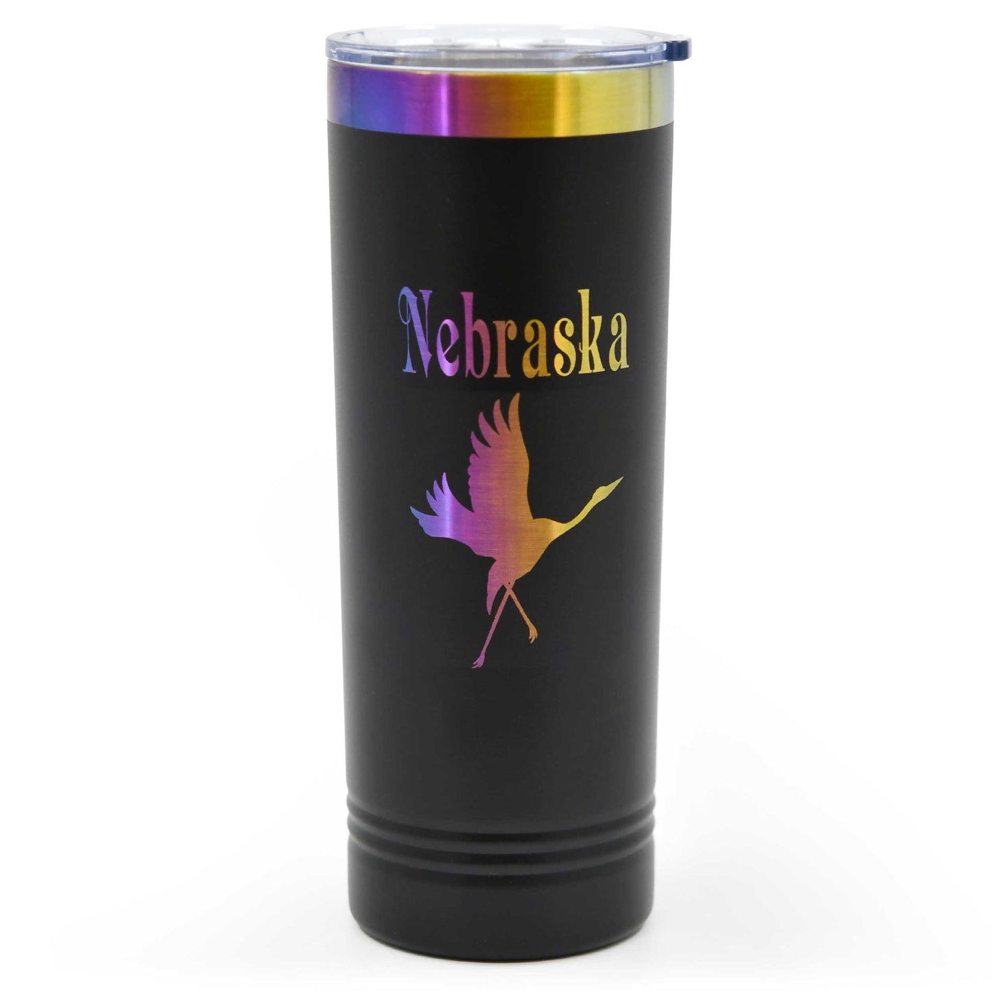 Sandhill Crane Skinny Tumbler with Slider Lid | 22 oz | Rainbow Chrome Engraving | Multiple Colors | RCK Creations & More