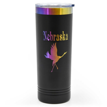 Sandhill Crane Skinny Tumbler with Slider Lid | 22 oz | Rainbow Chrome Engraving | Multiple Colors | RCK Creations & More