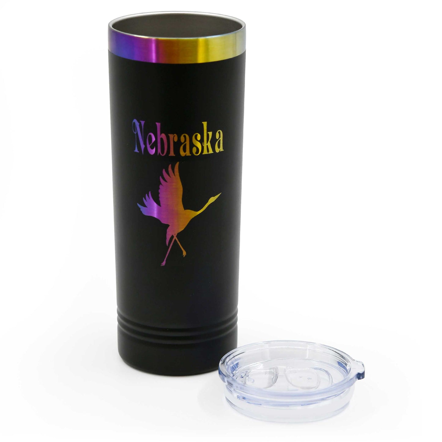 Sandhill Crane Skinny Tumbler with Slider Lid | 22 oz | Rainbow Chrome Engraving | Multiple Colors | RCK Creations & More