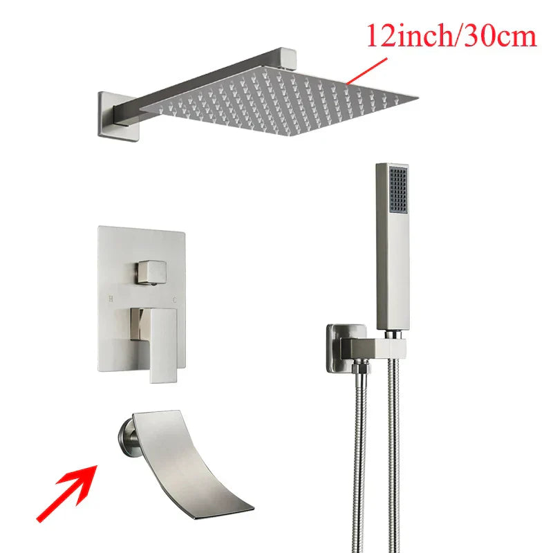 DecorBites™ Black Wall Mounted Shower System with Handshower - 12/16 Inch Rainwater Faucet