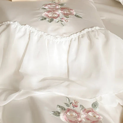 ™ Lace Ruffles Flowers Embroidery 4Pc Egyptian Cotton Bedding Set
