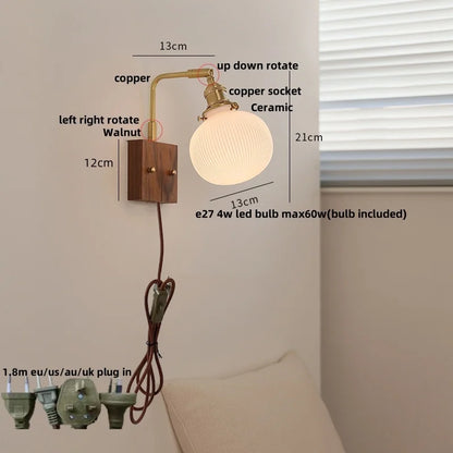 ™ Globe Ceramic Walnut Wood Wall Light with Pull Chain Switch and Rotatable Design