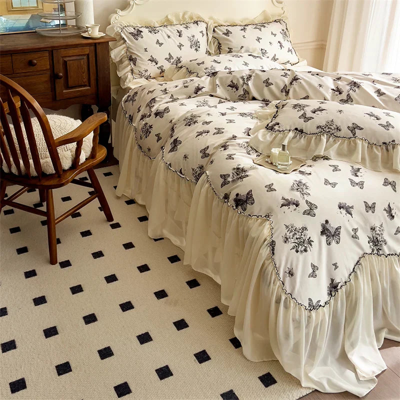 DecorBites™ Beige Lace Ruffles Butterfly Flowers Print Bedding Set with Egyptian Cotton Quality