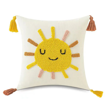 DecorBites™ Boho Yellow Rainbow Star Moon Embroidery Pillow Cover 45x45cm with Tassels