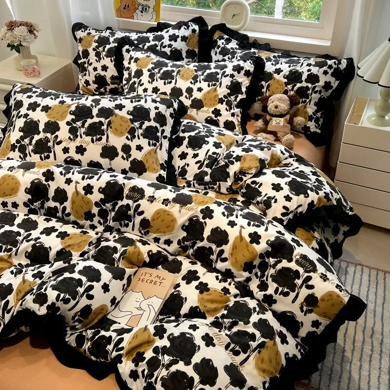 DecorBites™ Black White Printed Bed Skirt Bedding Set - Cozy Skin Friendly Linens