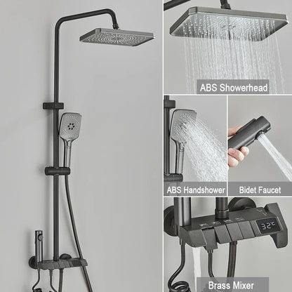 DecorBites™ Black Piano Digital Shower System with Intelligent Brass Faucets and White Rainfall Shower
