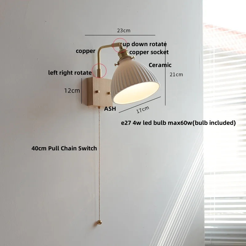 ™ Globe Ceramic Walnut Wood Wall Light with Pull Chain Switch and Rotatable Design