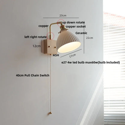 ™ Globe Ceramic Walnut Wood Wall Light with Pull Chain Switch and Rotatable Design
