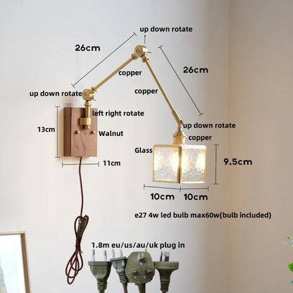 DecorBites™ Cube Glass LED Wall Sconce Walnut Wood 2 Arms Rotatable Mirror Light