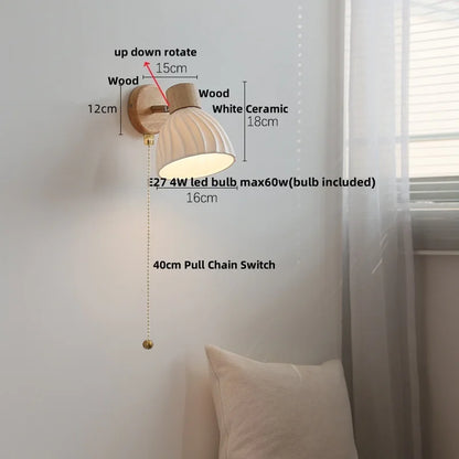DecorBites™ Amber Glass LED Wall Sconce Nordic Modern Wood Pull Chain Switch Stair Light