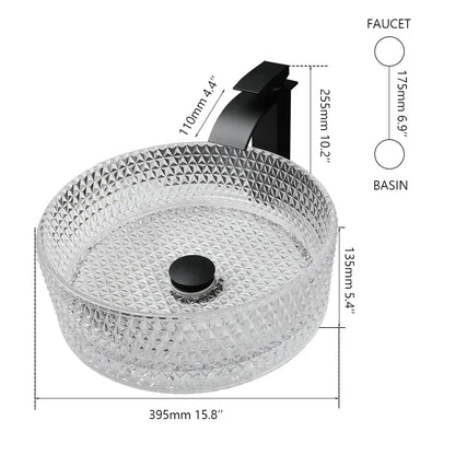 DecorBites™ Diamond Glass Basin Set with Matte Black Faucet and Pop-up Drain Mixer Tap
