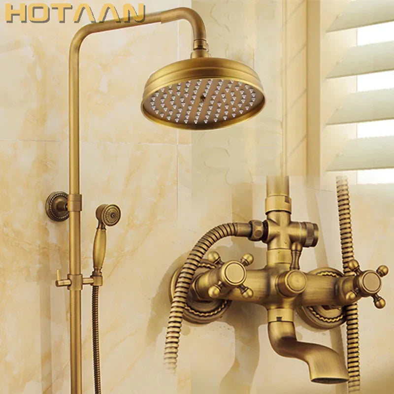DecorBites™ Antique Brass Shower Faucet Set with Rainfall Shower Head and Hand Shower