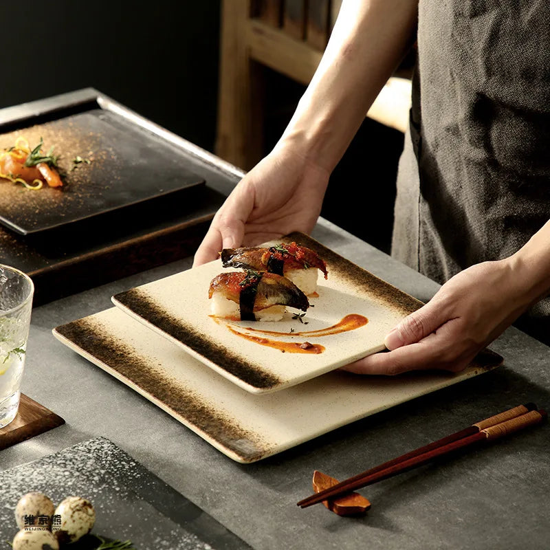 ™ Glazed Barbecue Wing Plate with Knife - Japanese Style Tray for Roast Wings and Fish