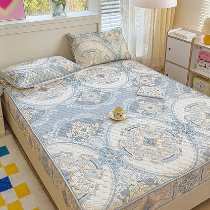 DecorBites™ Cool Silk Latex Fitted Sheet Set with Pillowcases, Summer Ice Silk, Single Double Bed