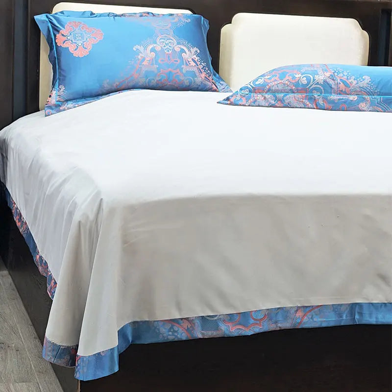 DecorBites™ Blue Satin Jacquard Queen Duvet Cover Set with Sheet & Pillowcases