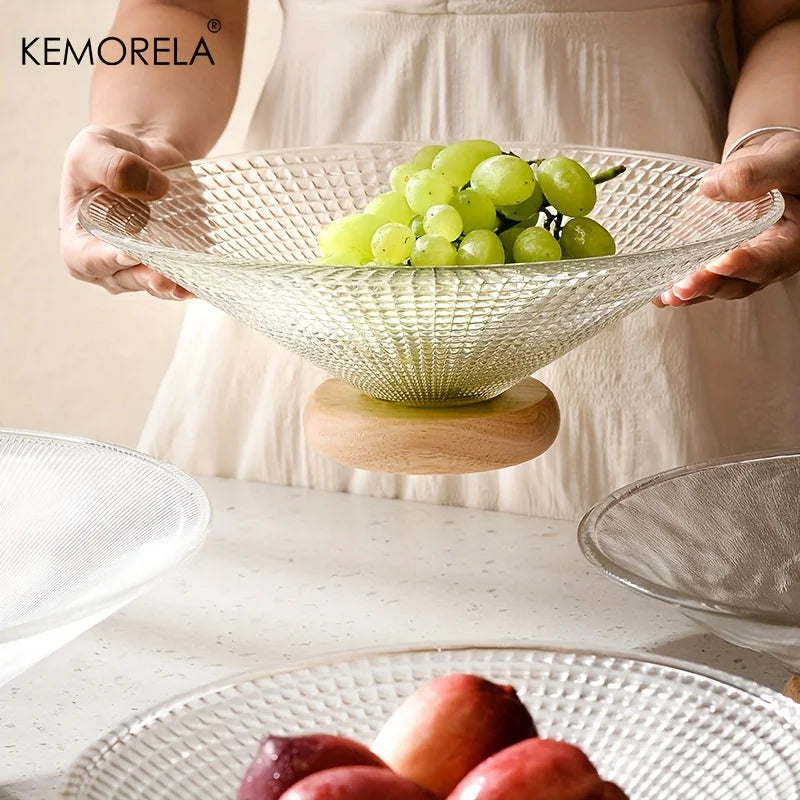 DecorBites™ Creative Glass Fruit Plate with Wooden Base | Elegant Home Decor for Living Room Coffee Table