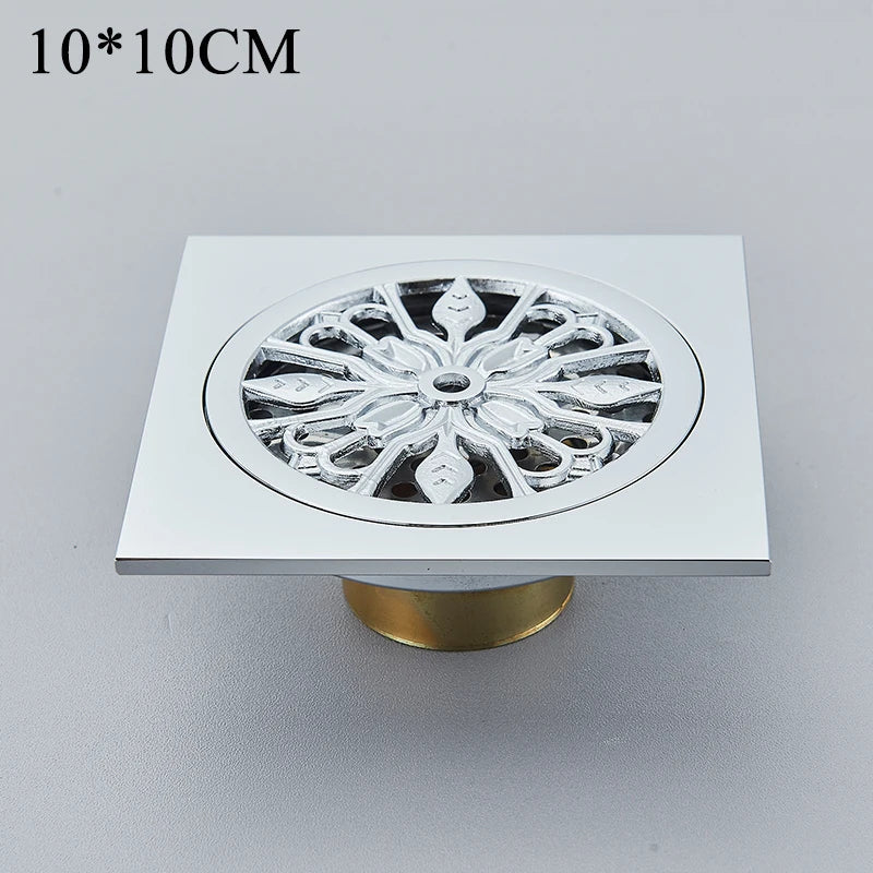 DecorBites™ Antique Brass Square Fish Carved Bathroom Floor Drain Hair Strainer