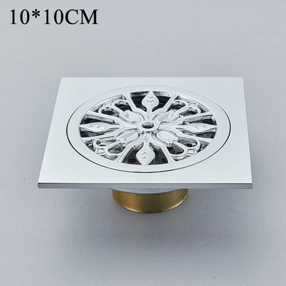 DecorBites™ Antique Brass Square Fish Carved Bathroom Floor Drain Hair Strainer