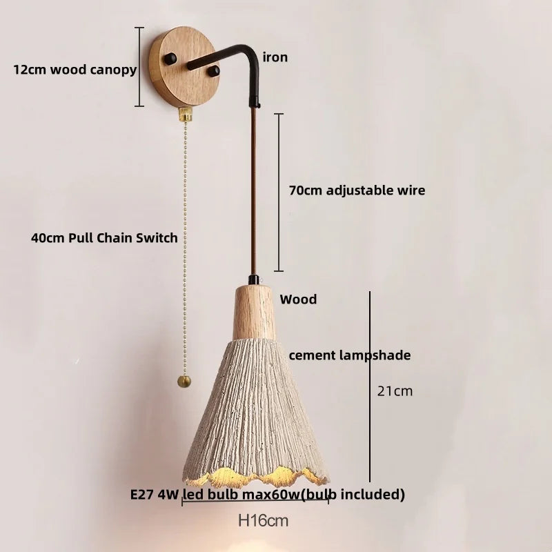 DecorBites™ LED Cement Wall Light with Pull Chain & Wood Socket - Nordic Modern Sconce